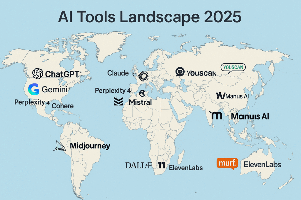 A world map highlighting the global distribution and adoption speed of major AI tools in 2025