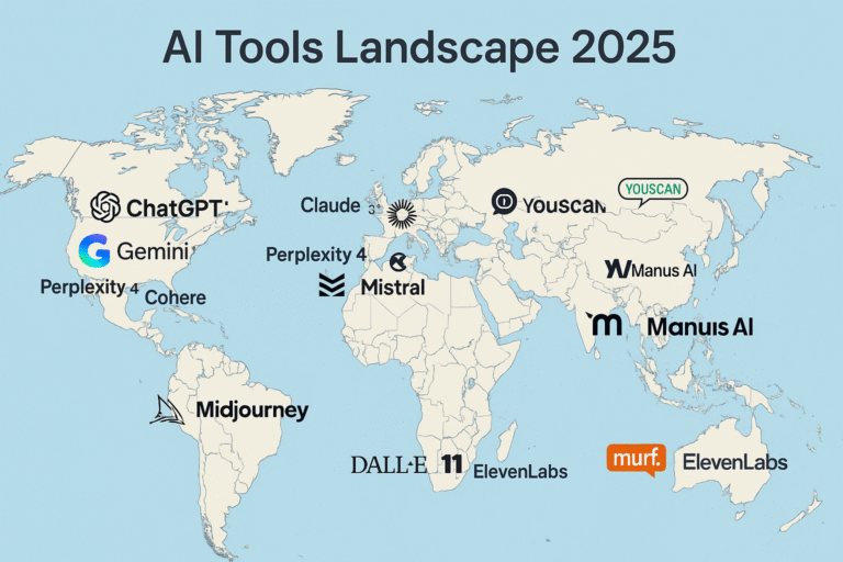 A world map highlighting the global distribution and adoption speed of major AI tools in 2025